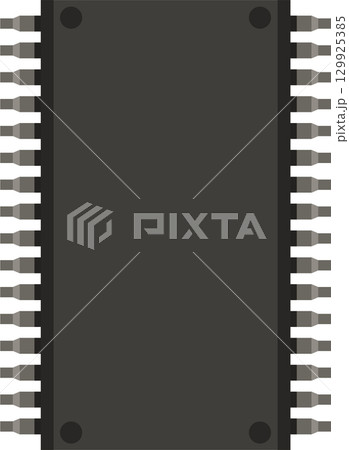 Integrated circuit: Close-up of a black rectangular microchip with metal pins on each side. Integrated circuit: Close-up of a black rectangular microchip with metal pins on each side. 129925385
