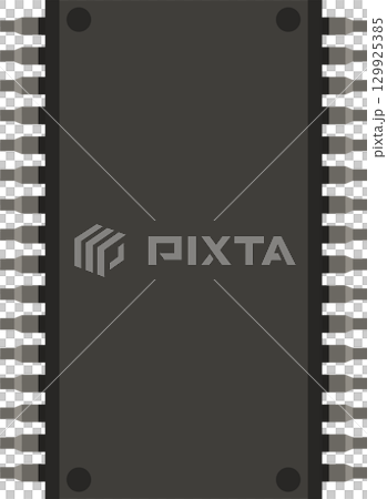 Integrated circuit: Close-up of a black rectangular microchip with metal pins on each side. 129925385