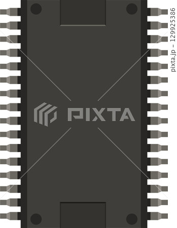 Isolated overhead shot of a microcontroller with pins displayed against black backdrop. 129925386