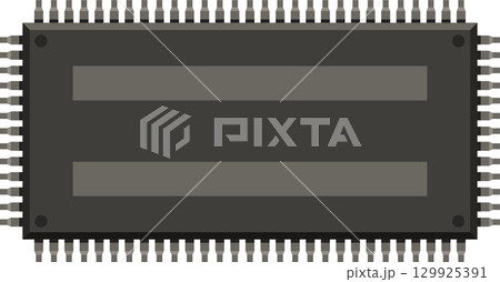 A gray computer chip with multiple connectors along the sides, set against a black backdrop. 129925391