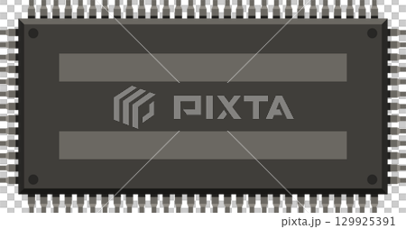 A gray computer chip with multiple connectors along the sides, set against a black backdrop. A gray computer chip with multiple connectors along the sides, set against a black backdrop. 129925391