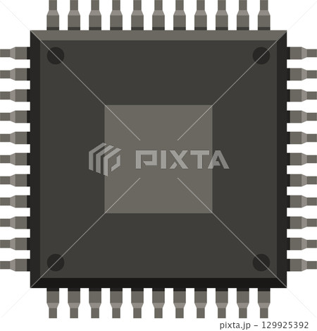A top-down view of a dark grey computer chip with multiple metallic pins around the edges. A top-down view of a dark grey computer chip with multiple metallic pins around the edges. 129925392