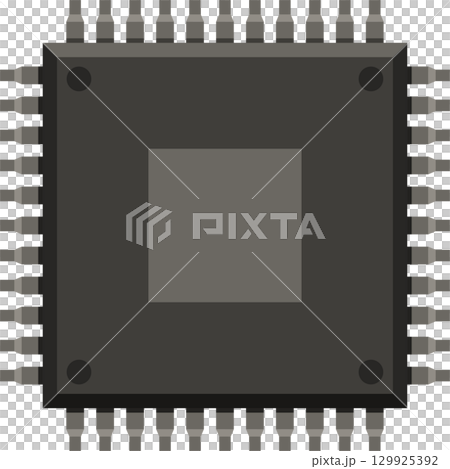 A top-down view of a dark grey computer chip with multiple metallic pins around the edges. A top-down view of a dark grey computer chip with multiple metallic pins around the edges. 129925392