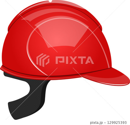 A glossy, bright red hard hat with a black band and attached adjustable strap for protection. 129925393