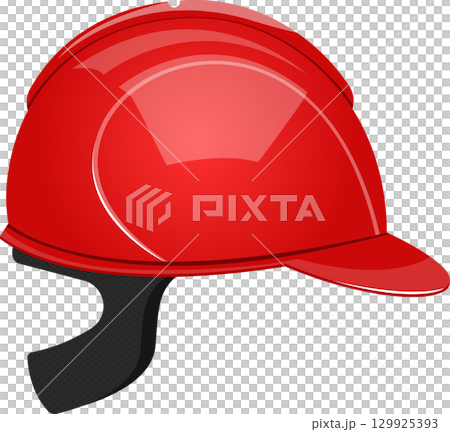 A glossy, bright red hard hat with a black band and attached adjustable strap for protection. 129925393