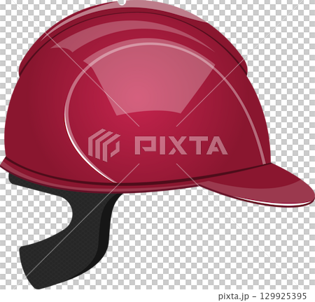 A red safety helmet with a glossy finish and a neck strap designed for head protection A red safety helmet with a glossy finish and a neck strap designed for head protection 129925395