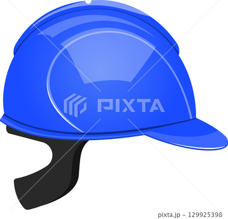 Blue safety helmet with glossy finish and black chinstrap for head protection on black background. 129925398