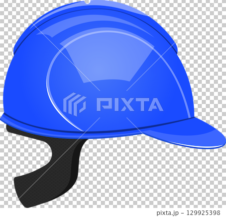 Blue safety helmet with glossy finish and black chinstrap for head protection on black background. 129925398
