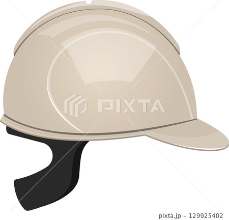 Side view of an illustration depicting a beige-colored safety helmet with a black chin strap. 129925402