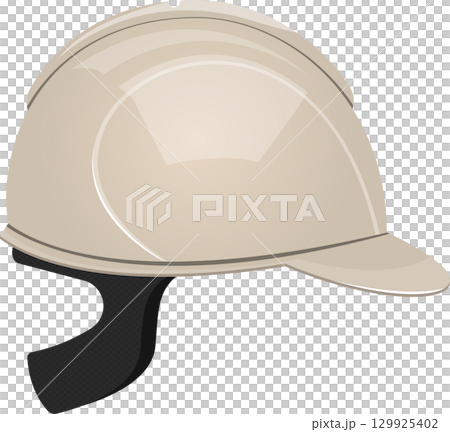 Side view of an illustration depicting a beige-colored safety helmet with a black chin strap. 129925402