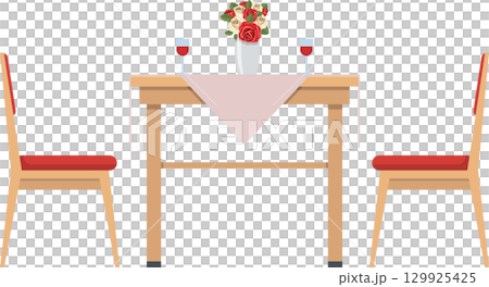 Romantic dinner setup with a table, two chairs, wine glasses, and a vase of flowers. 129925425