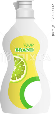 A squeeze bottle of dish soap with lemon scent and label, isolated against black backdrop. A squeeze bottle of dish soap with lemon scent and label, isolated against black backdrop. 129925432