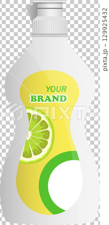 A squeeze bottle of dish soap with lemon scent and label, isolated against black backdrop. 129925432