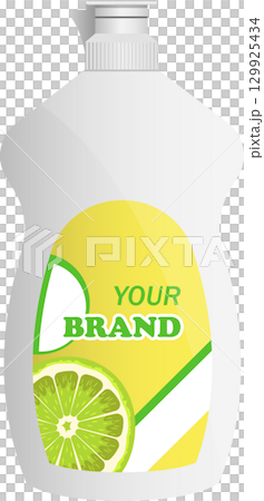 Bottle of dish soap with lime scent, promoting cleanliness and a fresh, citrusy fragrance. 129925434