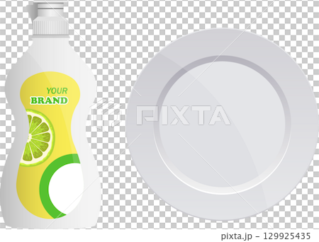 Dish soap bottle with lime fragrance alongside a clean, white, round plate for dishwashing tasks. 129925435