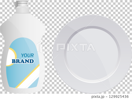 Dish soap bottle next to a white plate, symbolizing cleaning and household maintenance needs. Dish soap bottle next to a white plate, symbolizing cleaning and household maintenance needs. 129925436