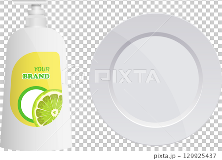 Dish soap bottle with lime scent next to a white plate, suggesting dish cleaning time. 129925437
