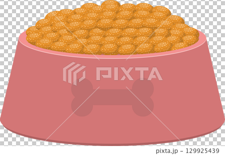 A pink pet bowl is filled to the brim with dry, golden, pellet-shaped food with white specks. A pink pet bowl is filled to the brim with dry, golden, pellet-shaped food with white specks. 129925439
