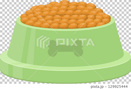 A green bowl filled to the brim with orange kibble, complete with a bone shape on the side. A green bowl filled to the brim with orange kibble, complete with a bone shape on the side. 129925444