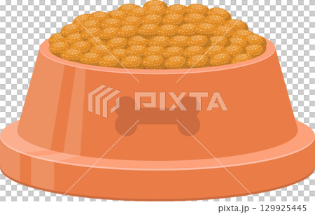 A terracotta-colored pet bowl overflowing with dry food, featuring a bone symbol on the side. A terracotta-colored pet bowl overflowing with dry food, featuring a bone symbol on the side. 129925445