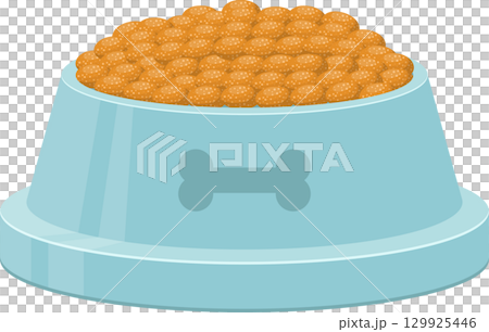 An image showcasing a light-blue pet bowl brimming with golden-brown kibble against a black background. 129925446