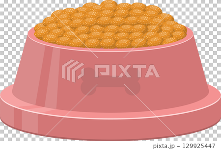 Full pet food bowl with bone decoration, standing ready for a furry friend's hungry appetite. 129925447