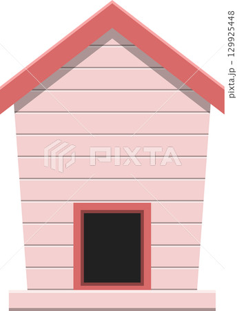 A simple light pink doghouse with a red roof and a black entrance is shown against a black background. 129925448