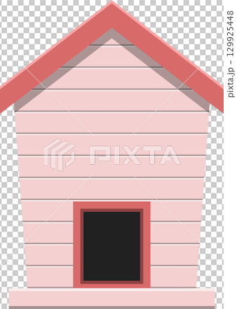 A simple light pink doghouse with a red roof and a black entrance is shown against a black background. 129925448
