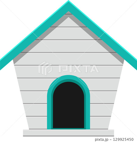 A charming, cartoon-style dog house with a teal roof, trim, and door frame against a black backdrop. 129925450