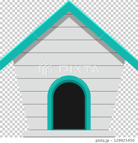 A charming, cartoon-style dog house with a teal roof, trim, and door frame against a black backdrop. 129925450