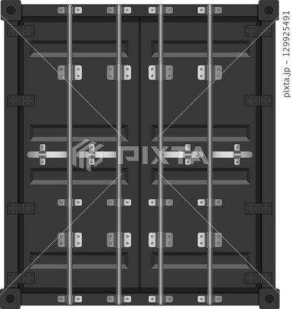 A closed metal container featuring four vertical metal bars and a grey door with metal hardware. 129925491