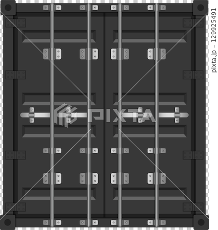 A closed metal container featuring four vertical metal bars and a grey door with metal hardware. 129925491