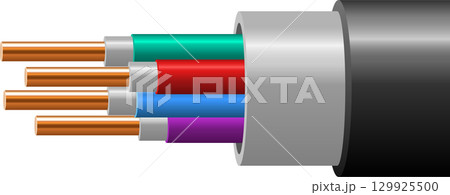 Exposed wires showing copper and colorful insulation, contained within a gray shielded cable. 129925500