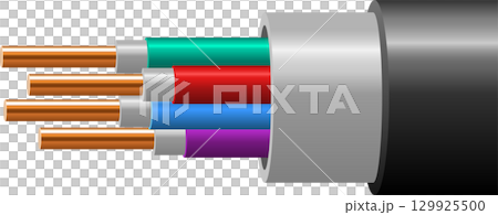 Exposed wires showing copper and colorful insulation, contained within a gray shielded cable. 129925500