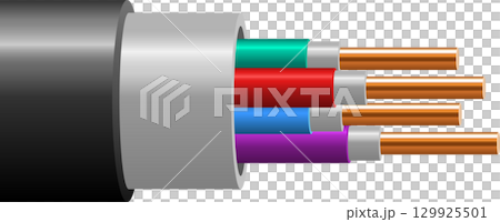 Electrical cable with multiple colored wires, conductors and protective outer jacket material. Electrical cable with multiple colored wires, conductors and protective outer jacket material. 129925501