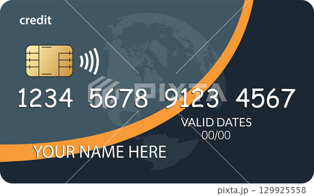 A modern credit card design featuring a world map and secure contactless payment technology. 129925558