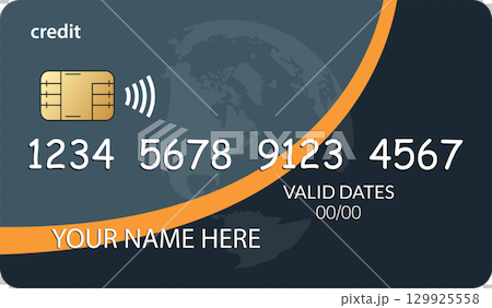 A modern credit card design featuring a world map and secure contactless payment technology. 129925558