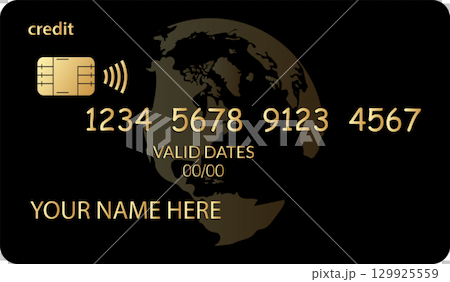 Golden card design featuring a world map background, card details, and contactless payment symbol 129925559