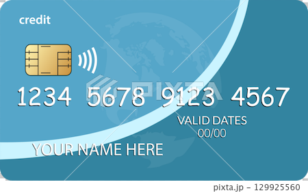 A generic simulated credit card with a blue background and a digital contactless payment symbol. 129925560