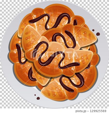 Croissant pastries arranged on a plate with dark brown sauce drizzled over them for a sweet treat. 129925569