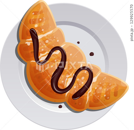 Delicious croissant on a plate drizzled with luscious chocolate, perfect for breakfast or snack. 129925570