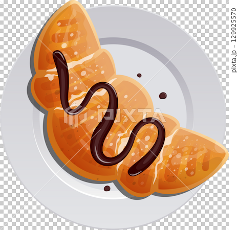 Delicious croissant on a plate drizzled with luscious chocolate, perfect for breakfast or snack. 129925570