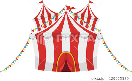 Whimsical red and white striped circus tent with colorful pennant banners; a celebration icon. 129925589
