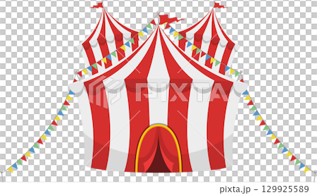 Whimsical red and white striped circus tent with colorful pennant banners; a celebration icon. 129925589