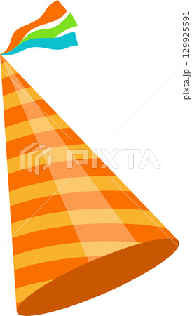 Orange and yellow striped party hat with colorful ribbons against a stark black background. 129925591