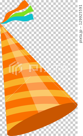 Orange and yellow striped party hat with colorful ribbons against a stark black background. 129925591