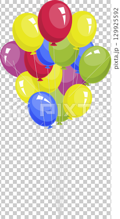 A bunch of colorful balloons floating in the air with long white strings on a black background. 129925592