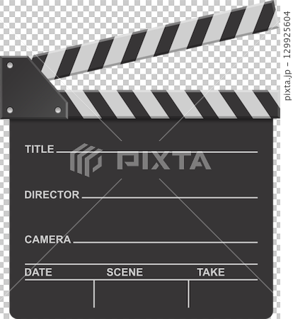 Isolated clapperboard with title, director, camera, date, scene, and take labels displayed. 129925604