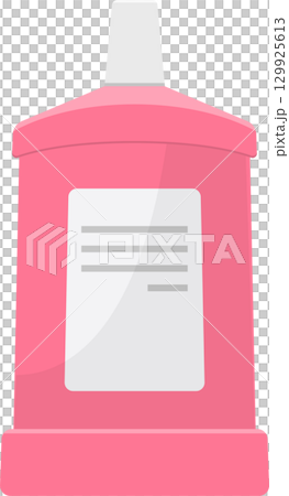 Pink bottle with a white label and cap, commonly used in bathrooms for various liquids. 129925613