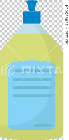 Bottle of soap, detergent, or similar liquid product in a clear plastic container with blue lid. 129925614